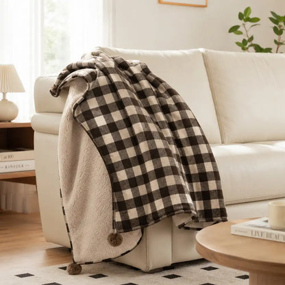 Cozy Reversible Plaid Plush Pet Throw Blanket with Pom-Poms