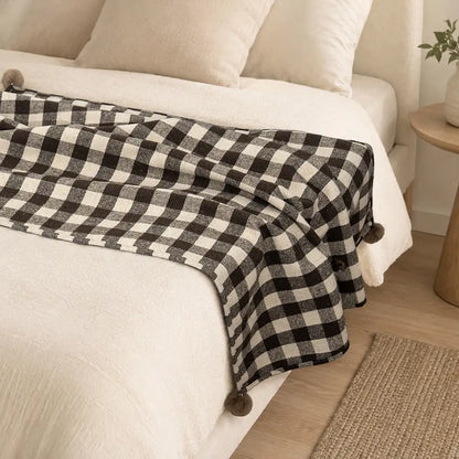 Cozy Reversible Plaid Plush Pet Throw Blanket with Pom-Poms