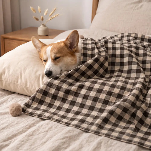 Cozy Reversible Plaid Plush Pet Throw Blanket with Pom-Poms