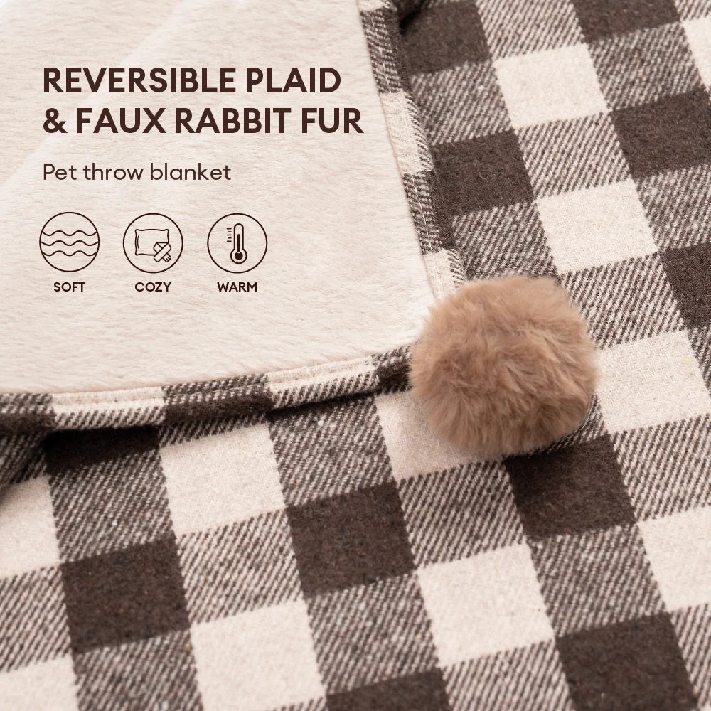 Cozy Reversible Plaid Plush Pet Throw Blanket with Pom-Poms
